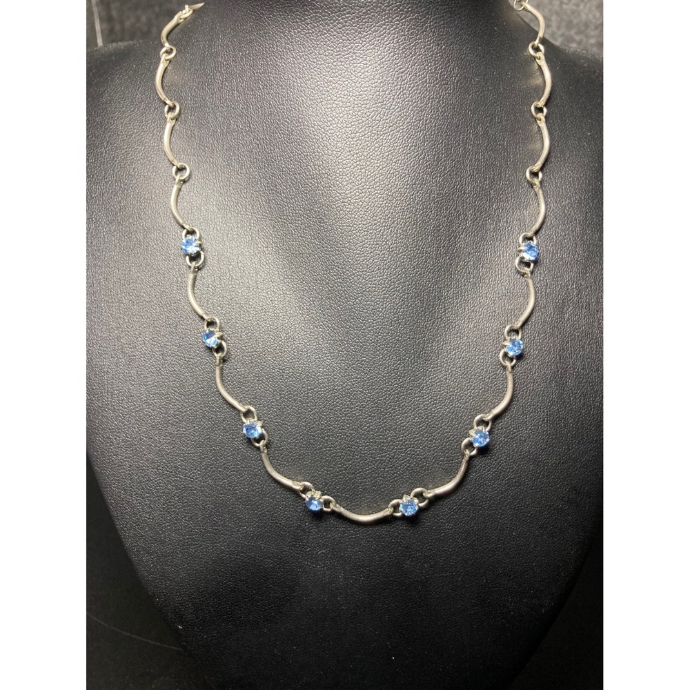 Vtg Style Blue Rhinestone Necklace Silver Tone Dainty Curved Link Retro Elegant